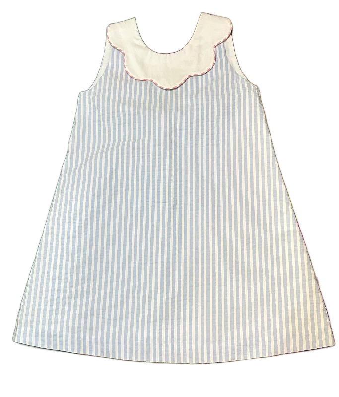 A Line Shift Dress Blue Pink Seersucker