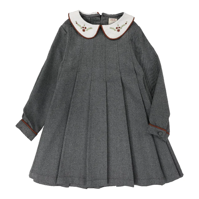 ANALOGIE GREY EMBROIDERED COLLAR PLEATED DRESS [FINAL SALE]