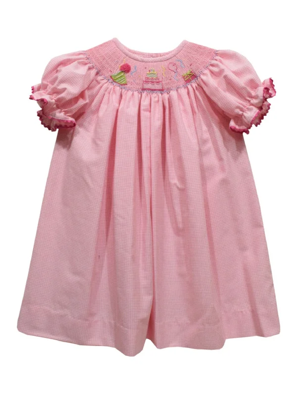 Birthday Smocked Pink Check Bishop Dress