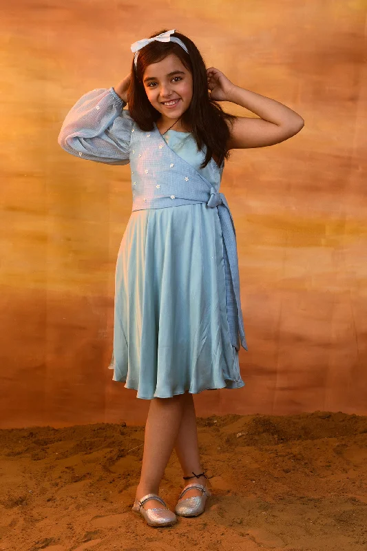 Blue Yonder-German Satin Dress With Kota Doriya Shrug For Girls