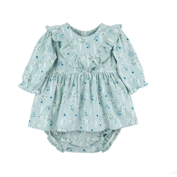 Baby Girl Blue Tree Printed Dress Set: Ice Blue