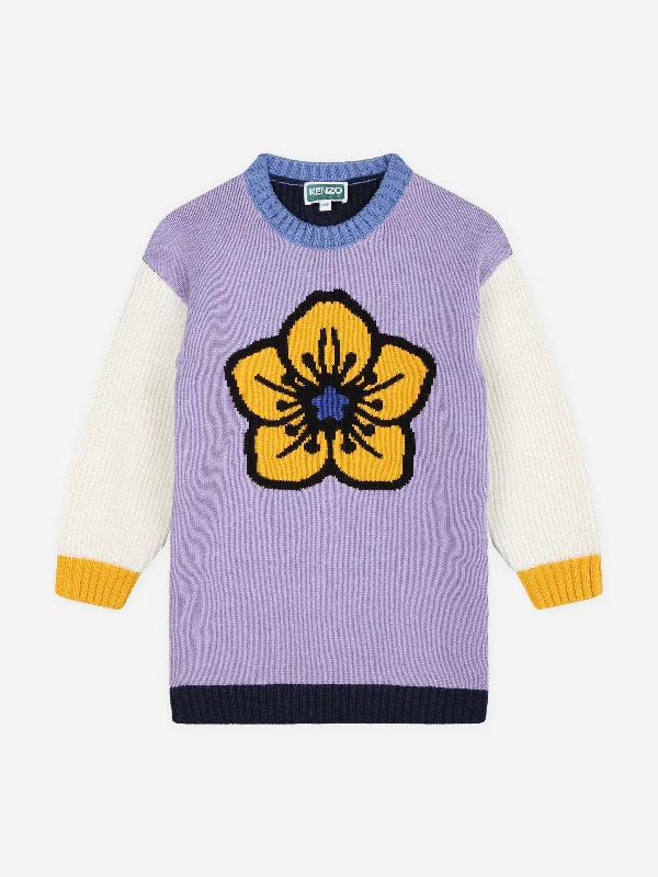 KENZO Girls Knitted Flower Dress in Purple