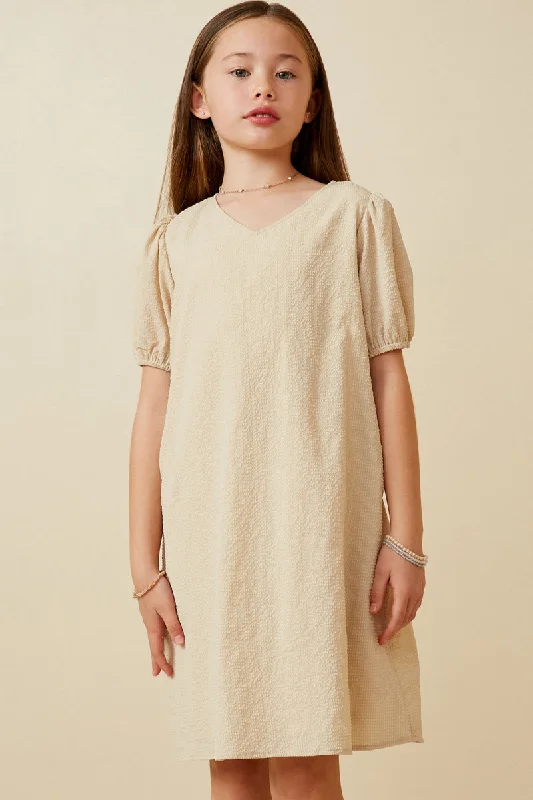 Girls Seersucker Textured V Neck Dress