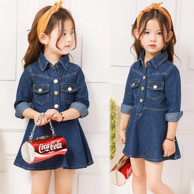 Kid Girl Turn Down Collar Denim Dress Wholesale 18103178