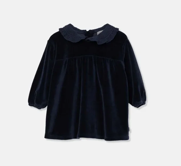 MY LITTLE COZMO NAVY VELOUR PETER PAN COLLAR DRESS [FINAL SALE]