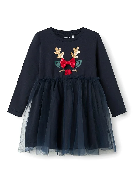 Name It Mini Girl Rjul Long Sleeve Reindeer Dress, Dark Sapphire