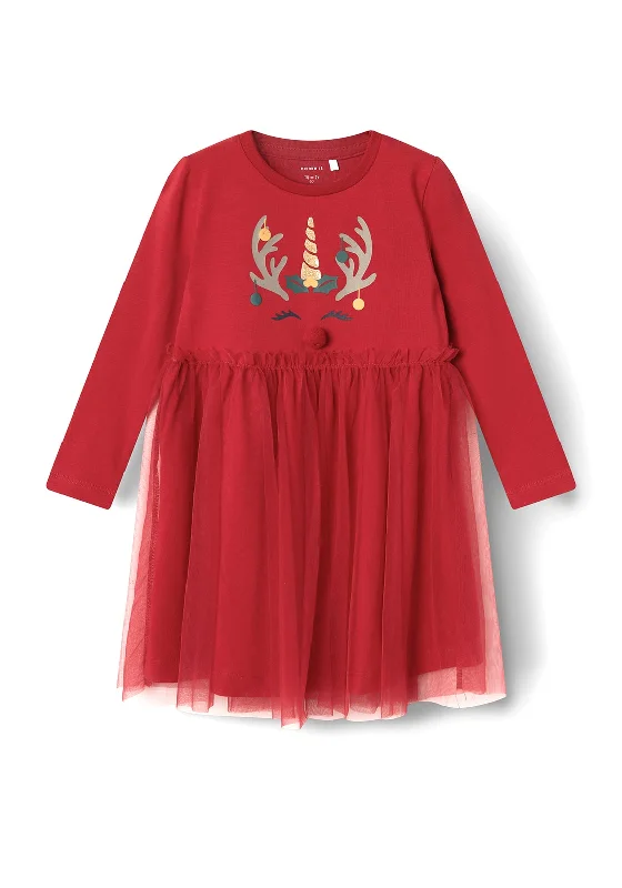 Name It Mini Girl Rjul Long Sleeve Reindeer Dress, Jester Red