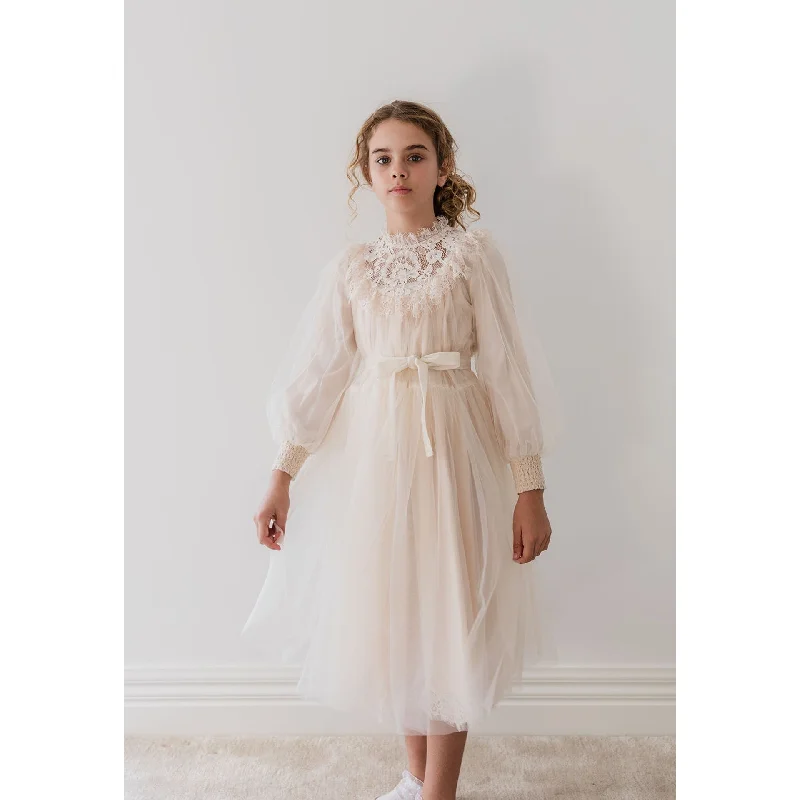 Petite Amalie Cream French Lace Tulle Midi Dress