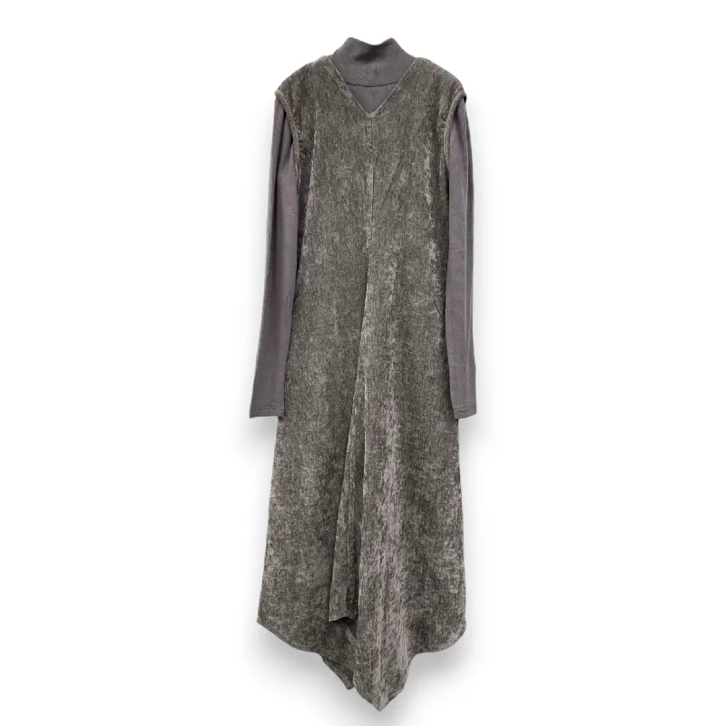 Tea Grey Crushed Velvet V- neck Dress With Asymmetric Hemline and Turtleneck 2 pc Set