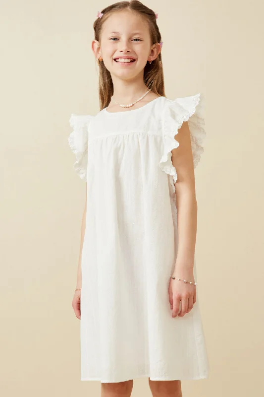 Textured Lace Trim Ruffle Sleeve Dress - Off White