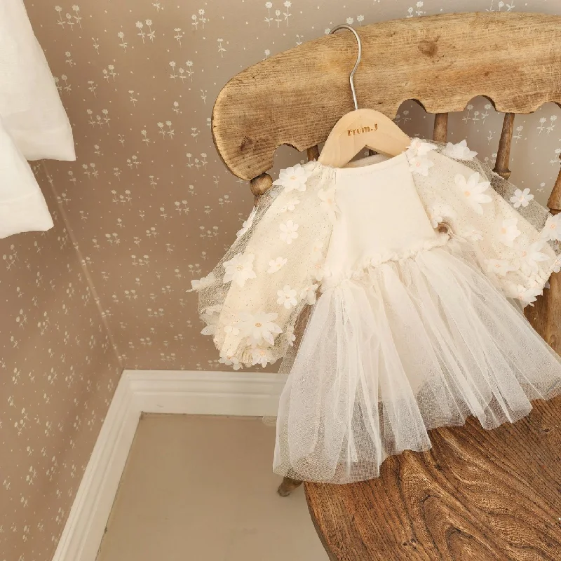 Baby 3D Flowers Puff Sleeve Tutu Dress Romper (3-18m) - Beige