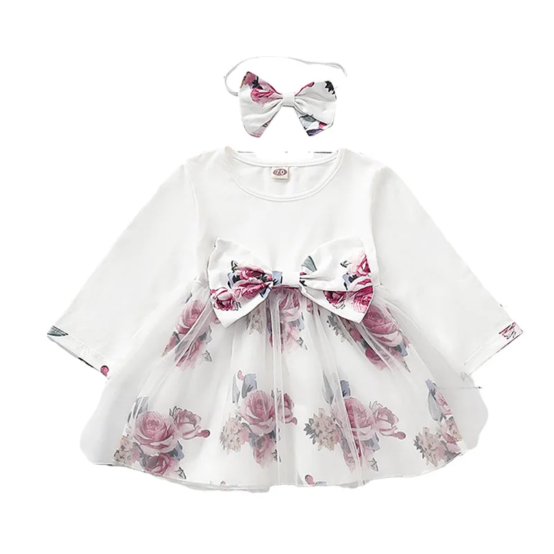 Baby Girls Color-blocking Flower Bow Lace Print Dresses Wholesale 220510181