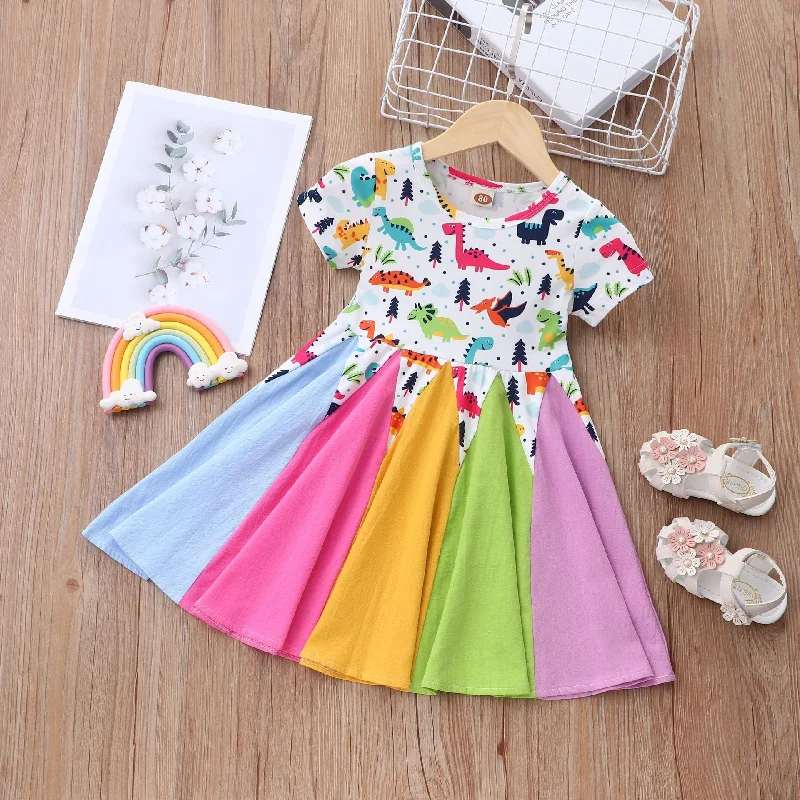 Baby Kid Girls Color-blocking Dinosaur Rainbow Love heart Print Dresses Wholesale 220610382