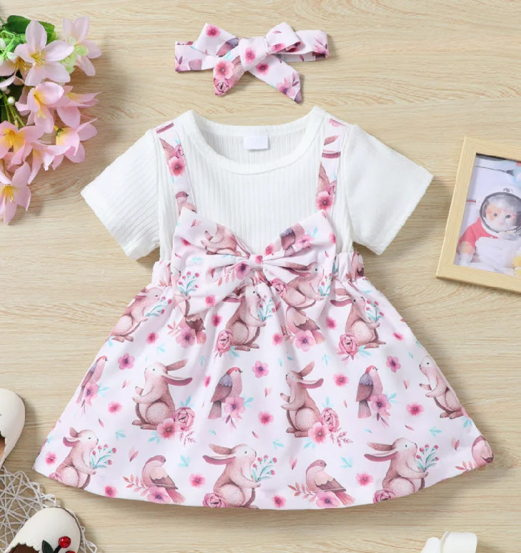 Baby Kid Girls Flower Animals Bow Muslin&Ribbed Print Dresses Wholesale 220610351