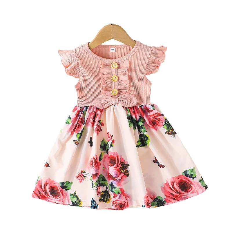 Baby Kid Girls Flower Muslin&Ribbed Print Dresses Wholesale 22051833