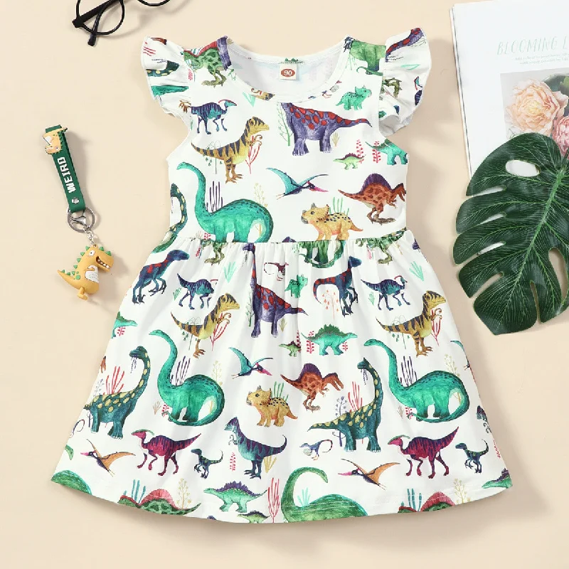 Baby Kid Girls Letters Dinosaur Animals Cartoon Print Dresses Wholesale 22061065