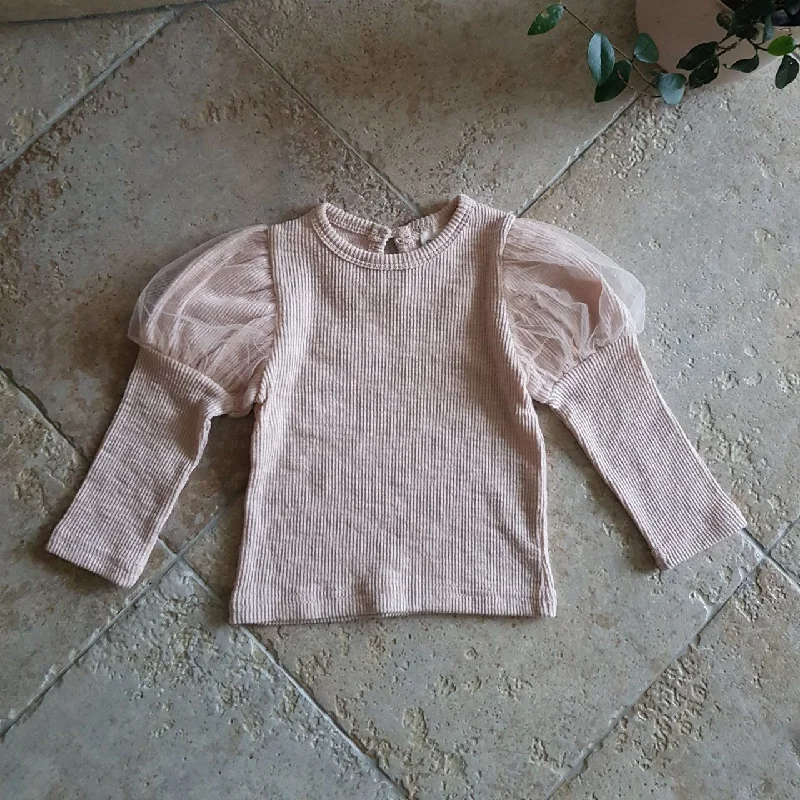 Baby Puff Sleeve Ribbed Top (6-12m) -Pink