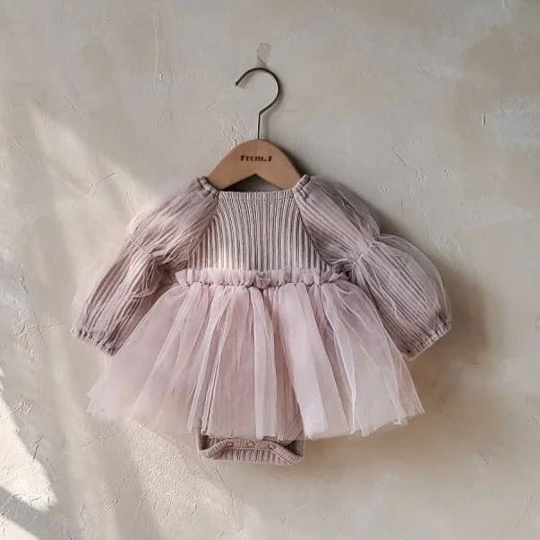 Baby Puff Sleeve Tutu Dress Romper (3-18m) - Beige Pink