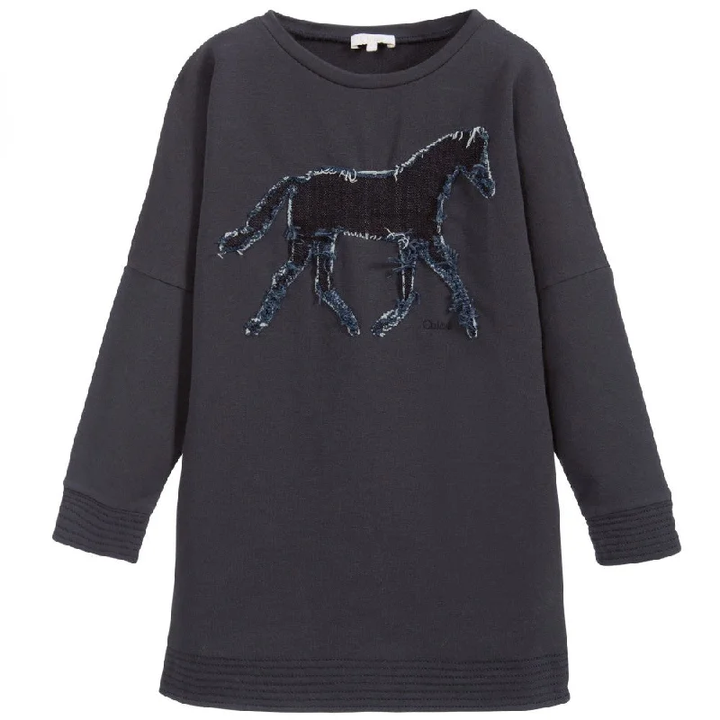 Girls Navy Blue Dress w/ Denim Horse Appliqué