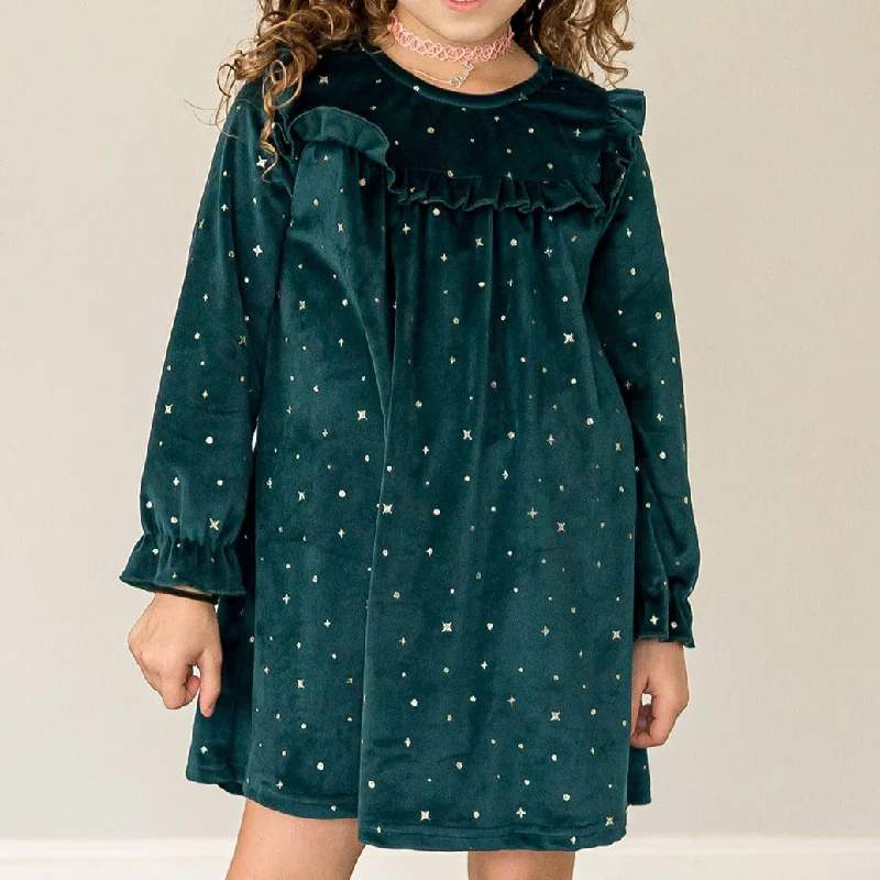 Girl's Green and Gold Stretch Velvet Ruffle Bib Shift Dress