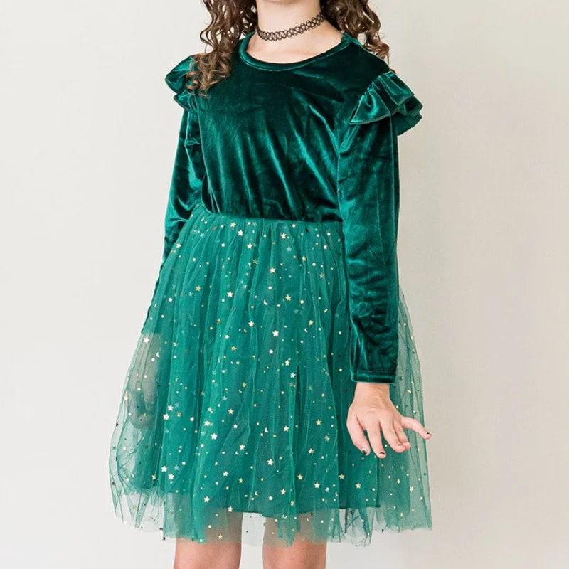 Girl's Green Velvet and Tulle Christmas Holiday Dress