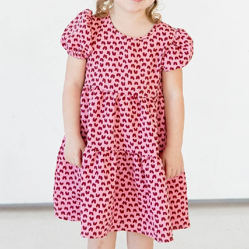 Girl's Pink and Dark Red Hearts Cotton Puff Sleeve Dress