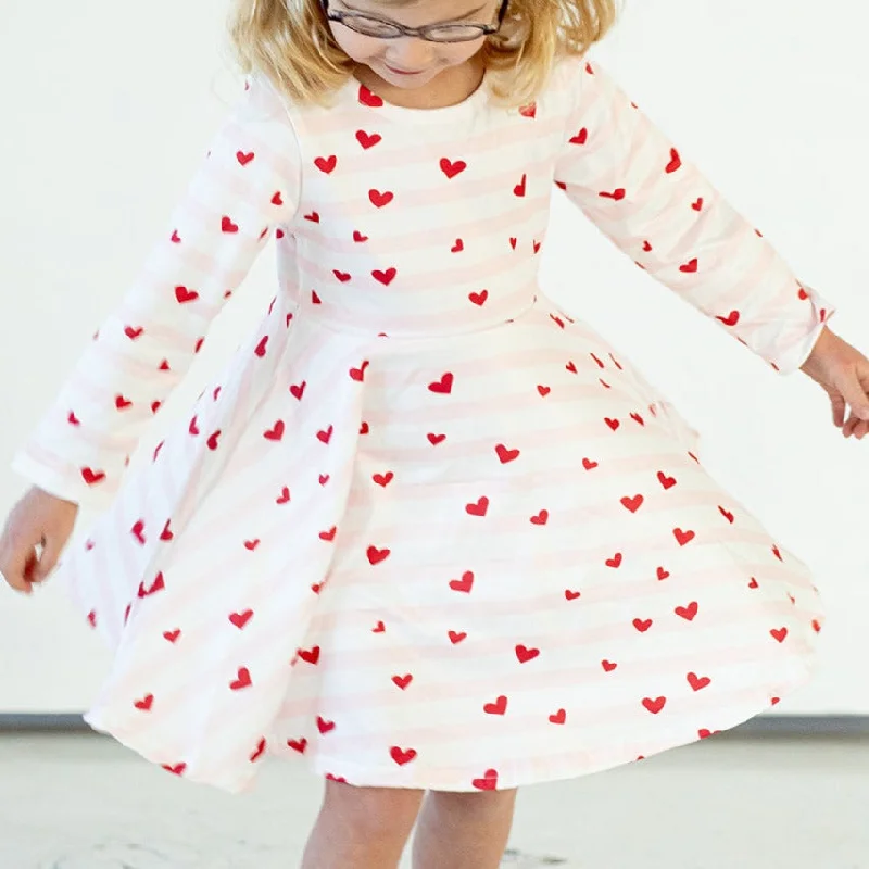 Girl's Pink Red and White Hearts Jersey Twirl Skater Dress