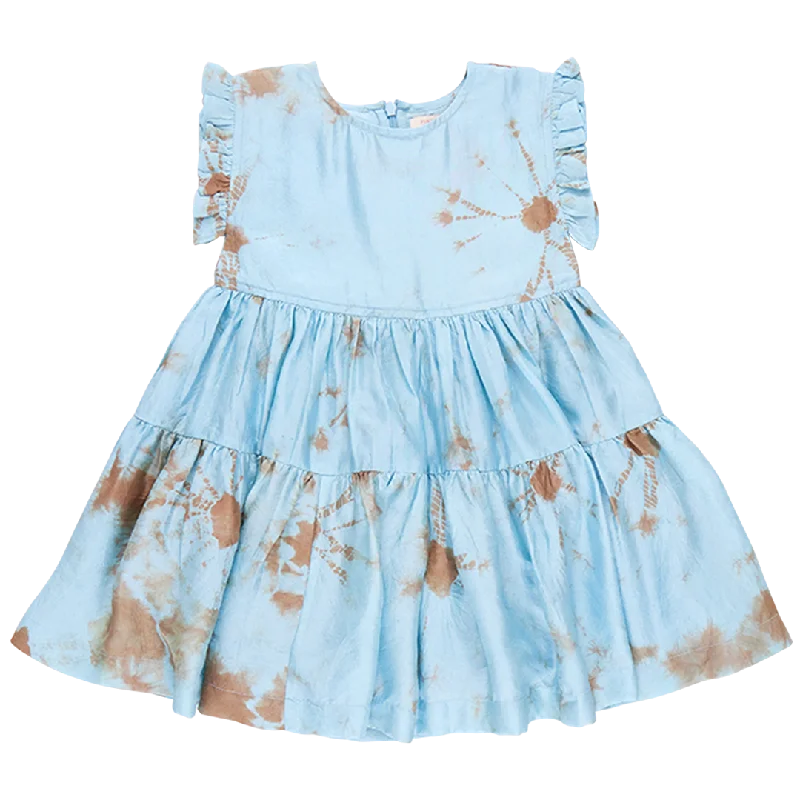 Girls Silk Polly Dress - Milky Blue Tie Dye