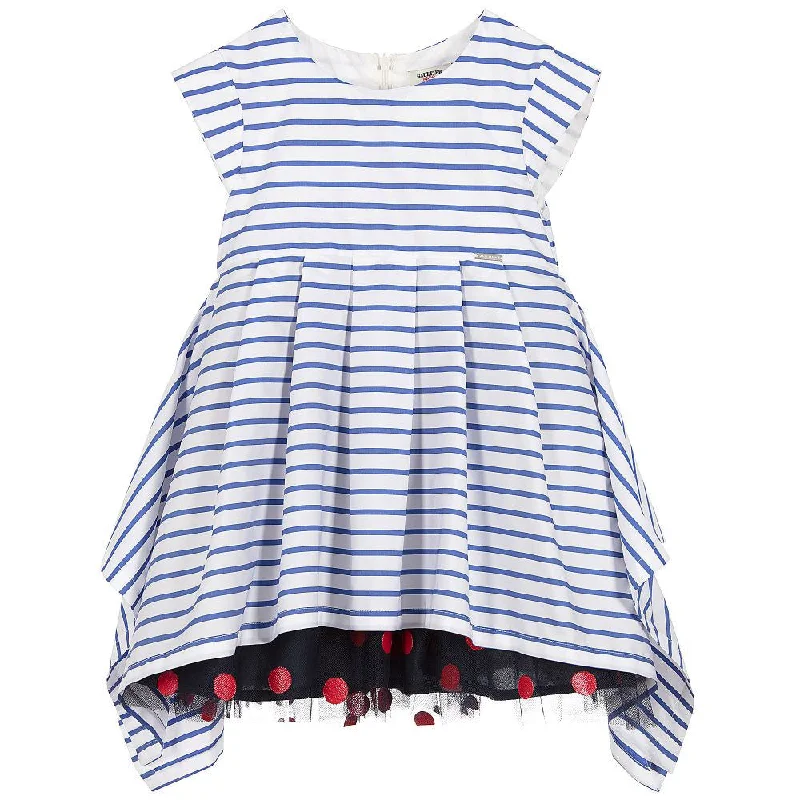 Junior Gaultier Girls Striped Blue & White Dress with Dotted Tulle Skirt