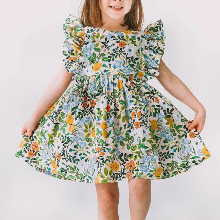 Little Girl's Orange Blue and Green Botanical Floral Pinafore Dress