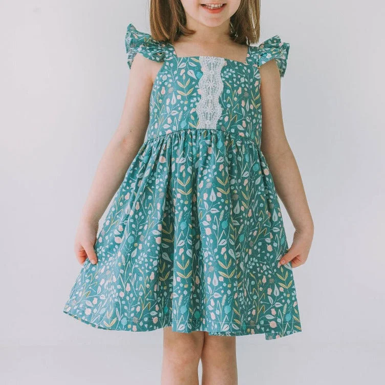 Little Girl's Sage Green Floral Flutter Sleeve Twirl Dress