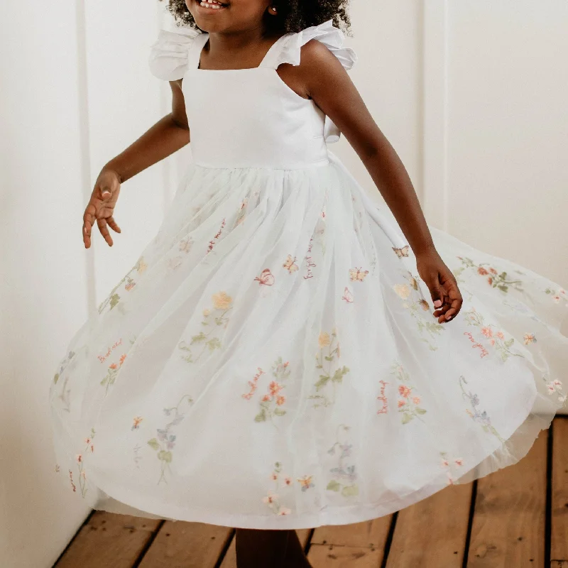 Little Girl's White Satin and Mint Floral Tulle Flower Girl Dress