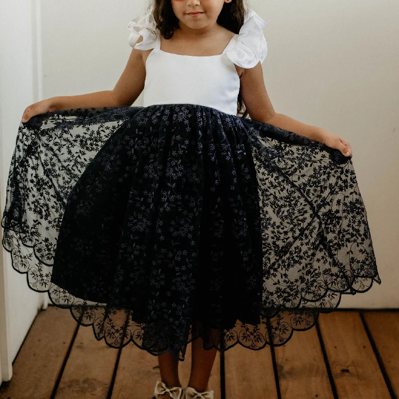 Little Girl's White Satin and Navy Floral Lace Flower Girl Dress