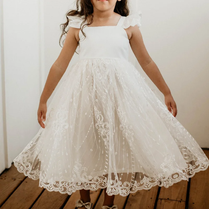 Little Girl's White Satin and White Floral Lace Flower Girl Dress