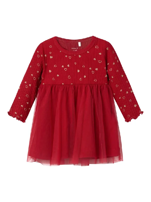 Name It Baby Girl Red Tulle Dress with Gold Hearts